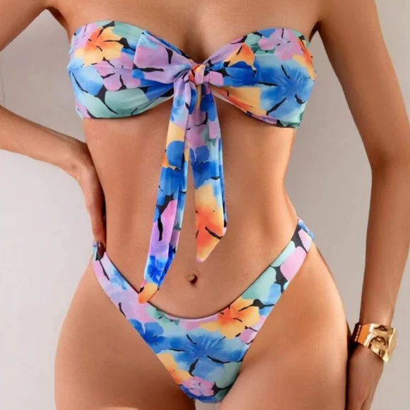 Lulus pink blue nova floral two piece bikini swimsuit swimwear swim top small - Picture 2 of 7